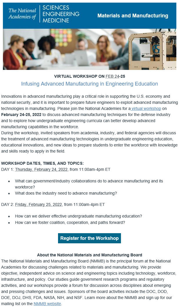 Adv mfg in Eng Edu: Virtual Workshop